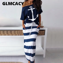 Load image into Gallery viewer, Women Two Piece Sets Boat Anchor Print T-Shirt &amp; Striped Skirt Sets Casual Ankle-Length Fashion Off Shoulder Maxi Striped Skirt