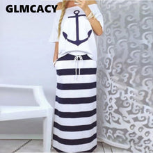 Load image into Gallery viewer, Women Two Piece Sets Boat Anchor Print T-Shirt &amp; Striped Skirt Sets Casual Ankle-Length Fashion Off Shoulder Maxi Striped Skirt