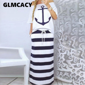 Women Two Piece Sets Boat Anchor Print T-Shirt & Striped Skirt Sets Casual Ankle-Length Fashion Off Shoulder Maxi Striped Skirt